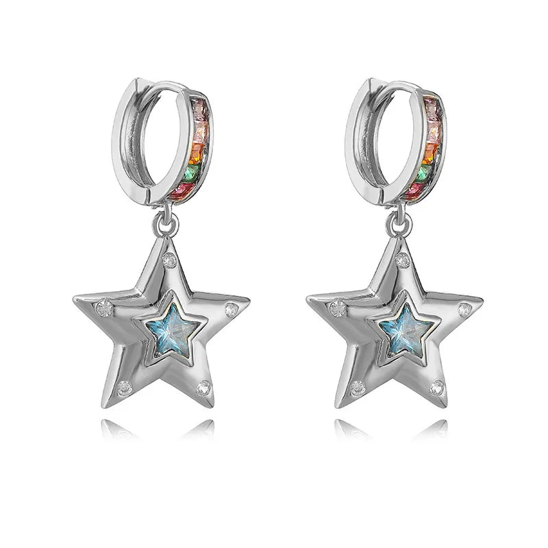 Star-shaped earrings with colorful stones on a white background