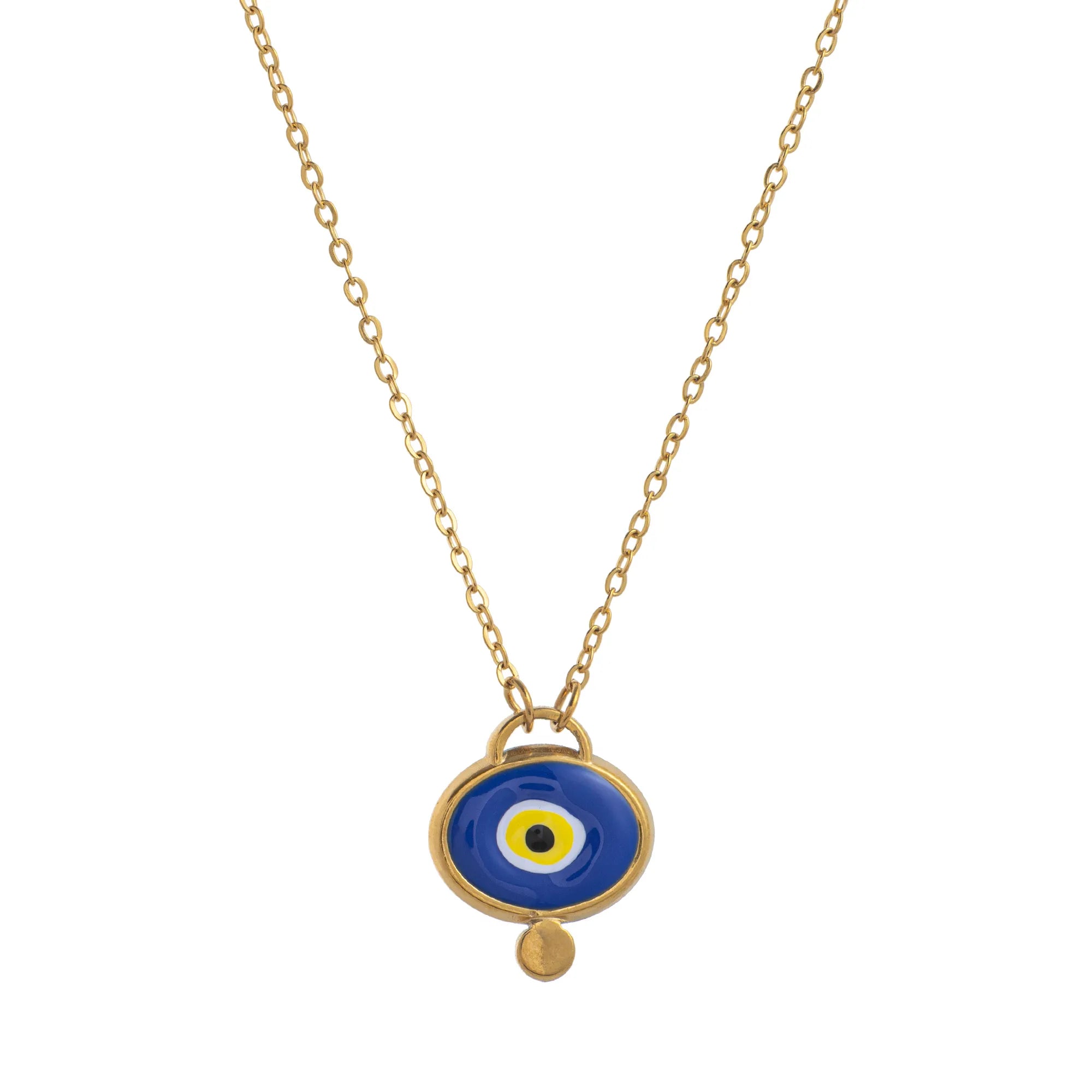 Gold necklace with a blue evil eye pendant on a white background