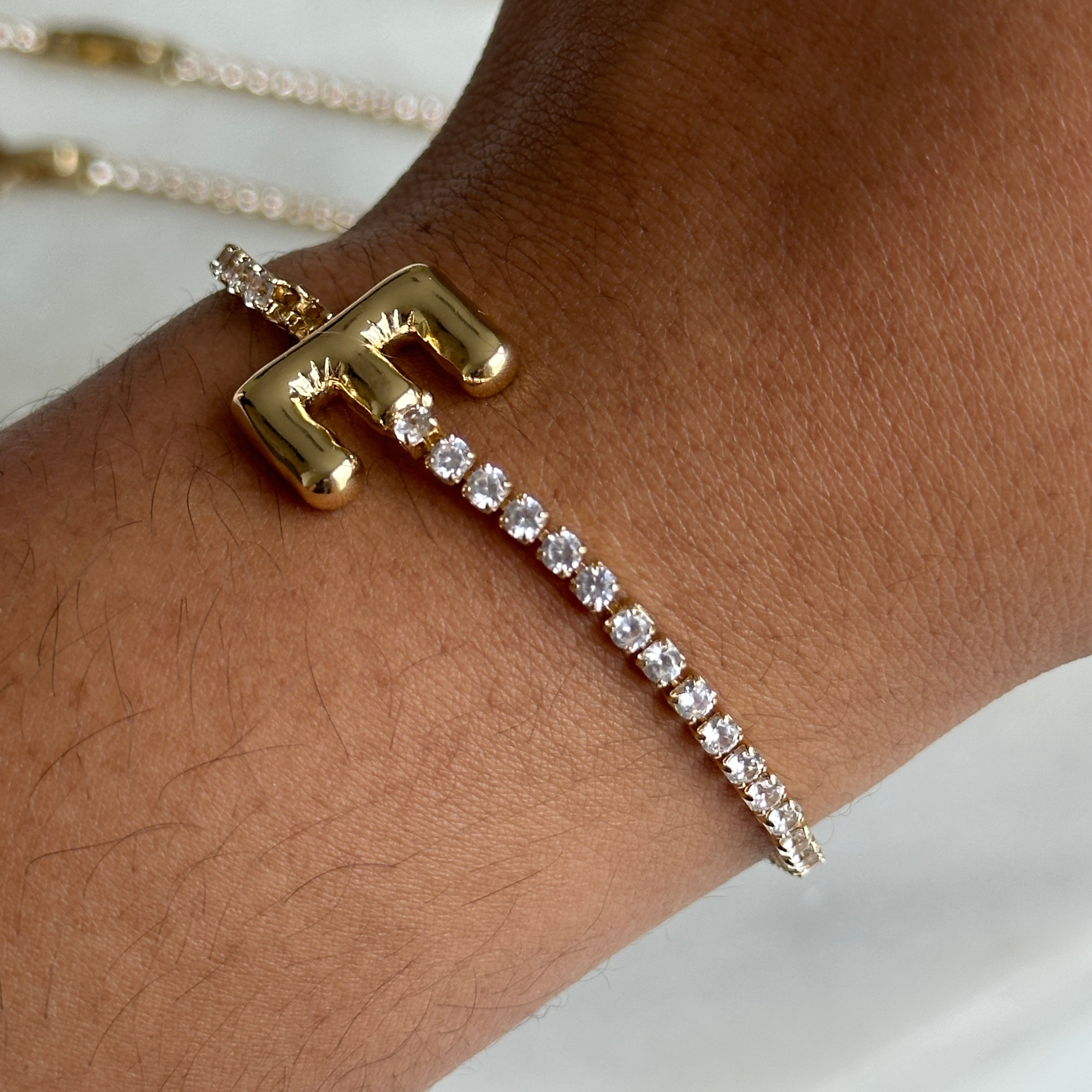 balloon letter tennis bracelet