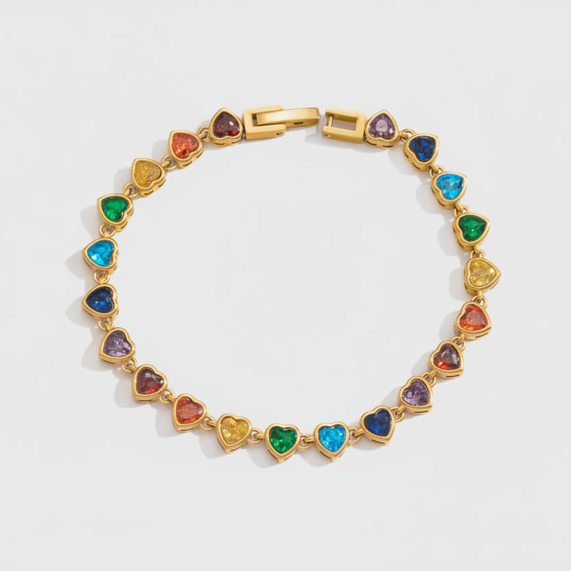 Multicolored heart-shaped bracelet with gold clasp on a white background