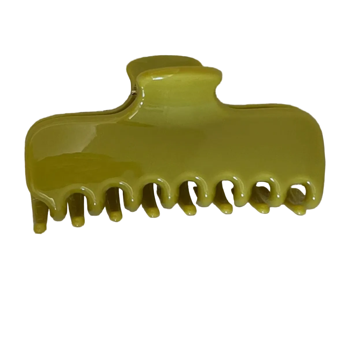 A single large hair claw clip in a glossy olive yellow-green color, photographed from the side against a neutral beige woven fabric background.