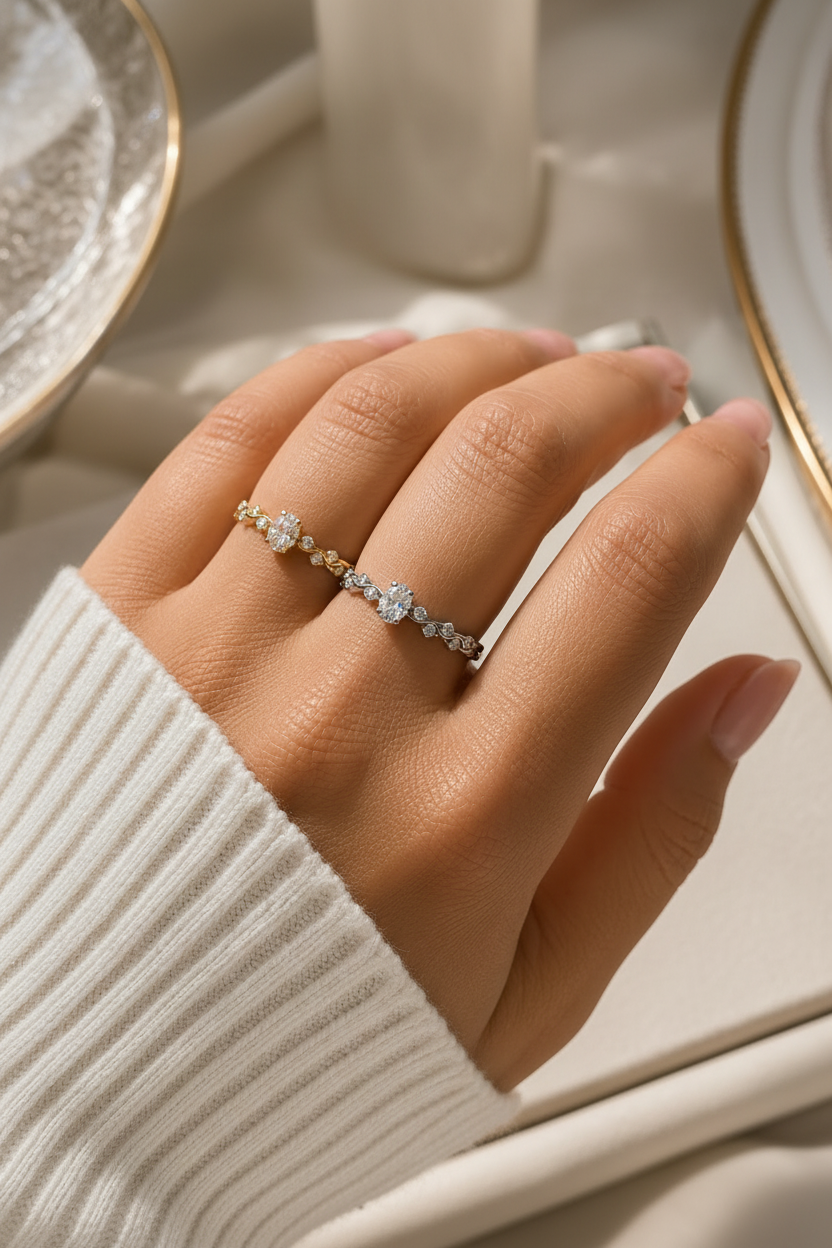 Gold and silver Willow Vine Ring featuring an oval-cut crystal and delicate vine band, perfect for stacking or everyday wear.