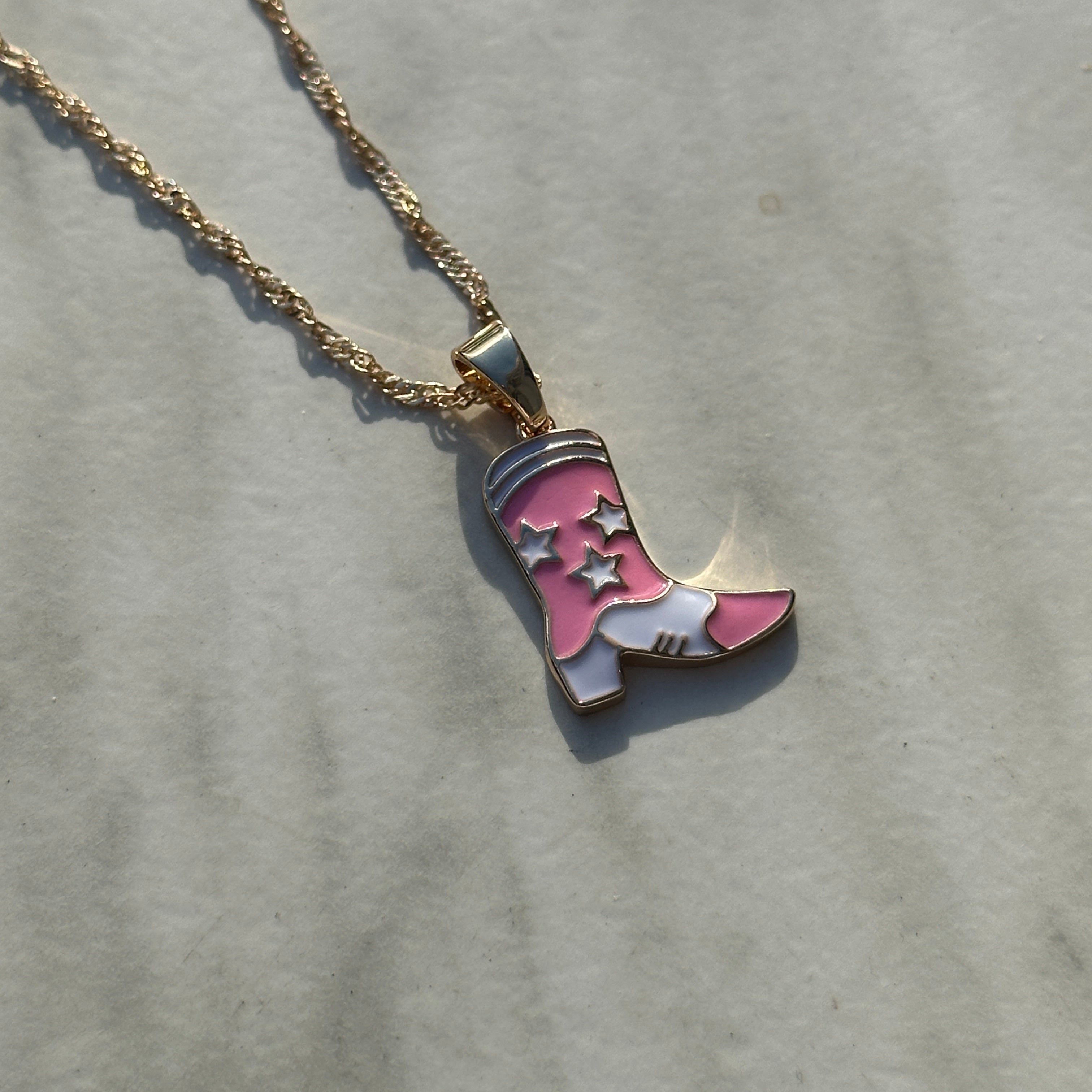 pink cowboy boot necklace