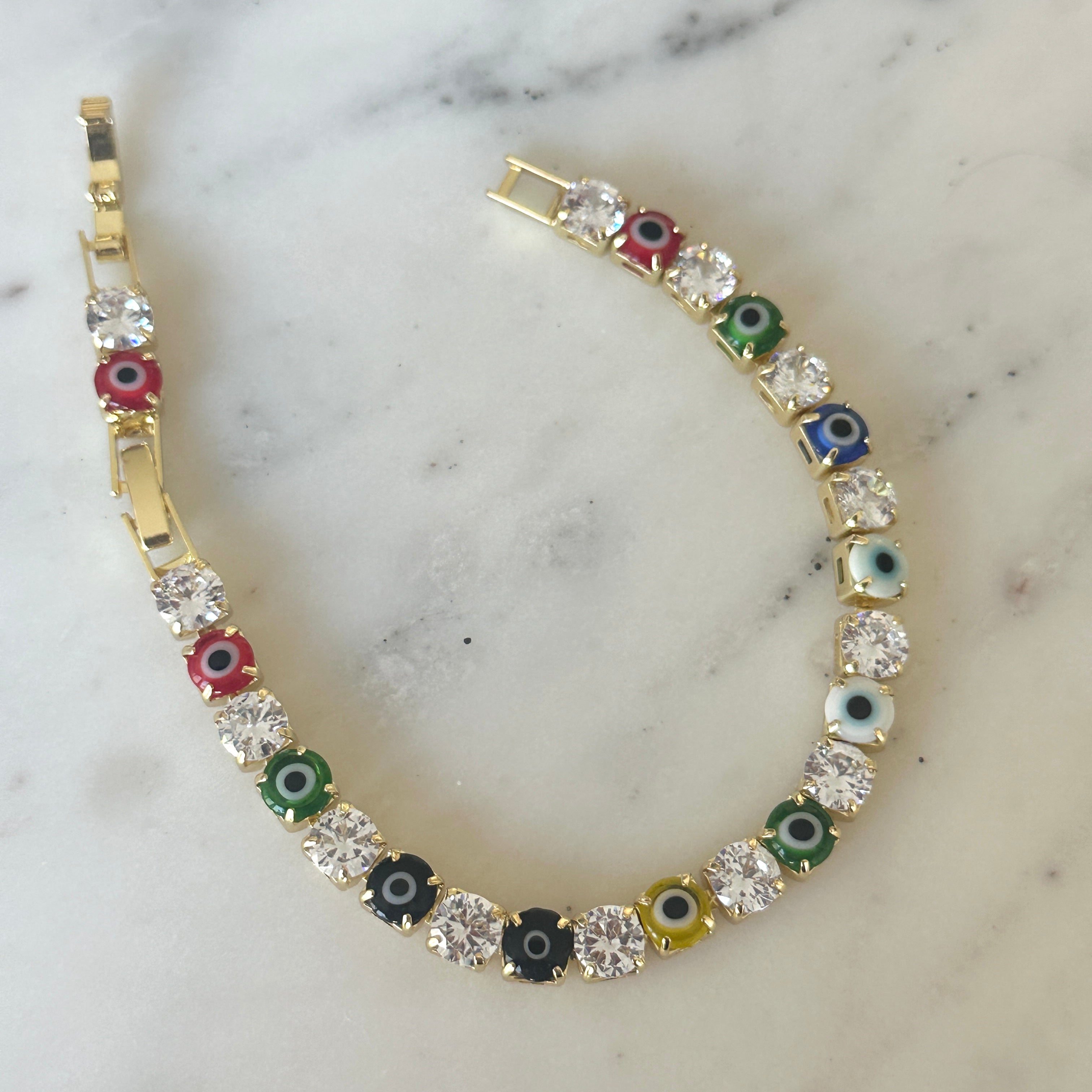 multicoloured evil eye tennis bracelet