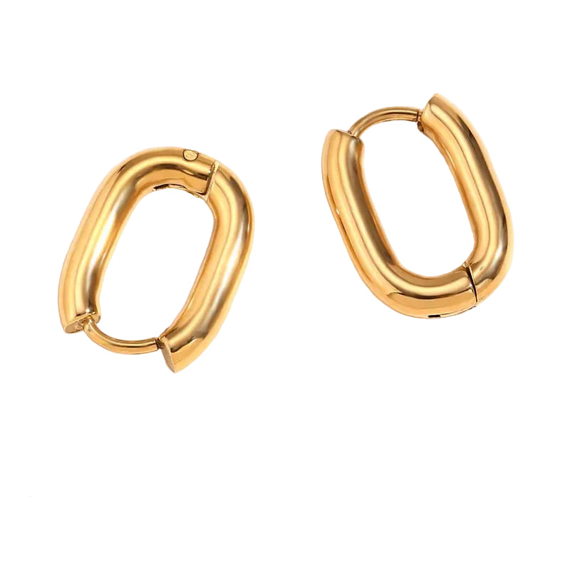 Gold hoop earrings with measurements and material details on a white background