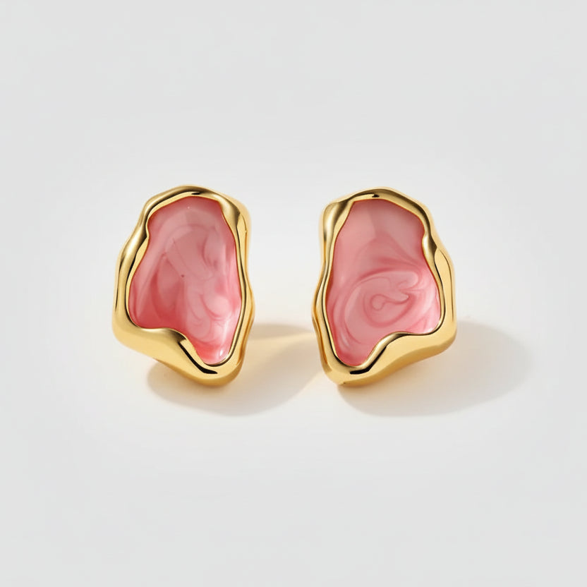 Pink stone earrings with gold rims on a white background, showing measurements and material details.