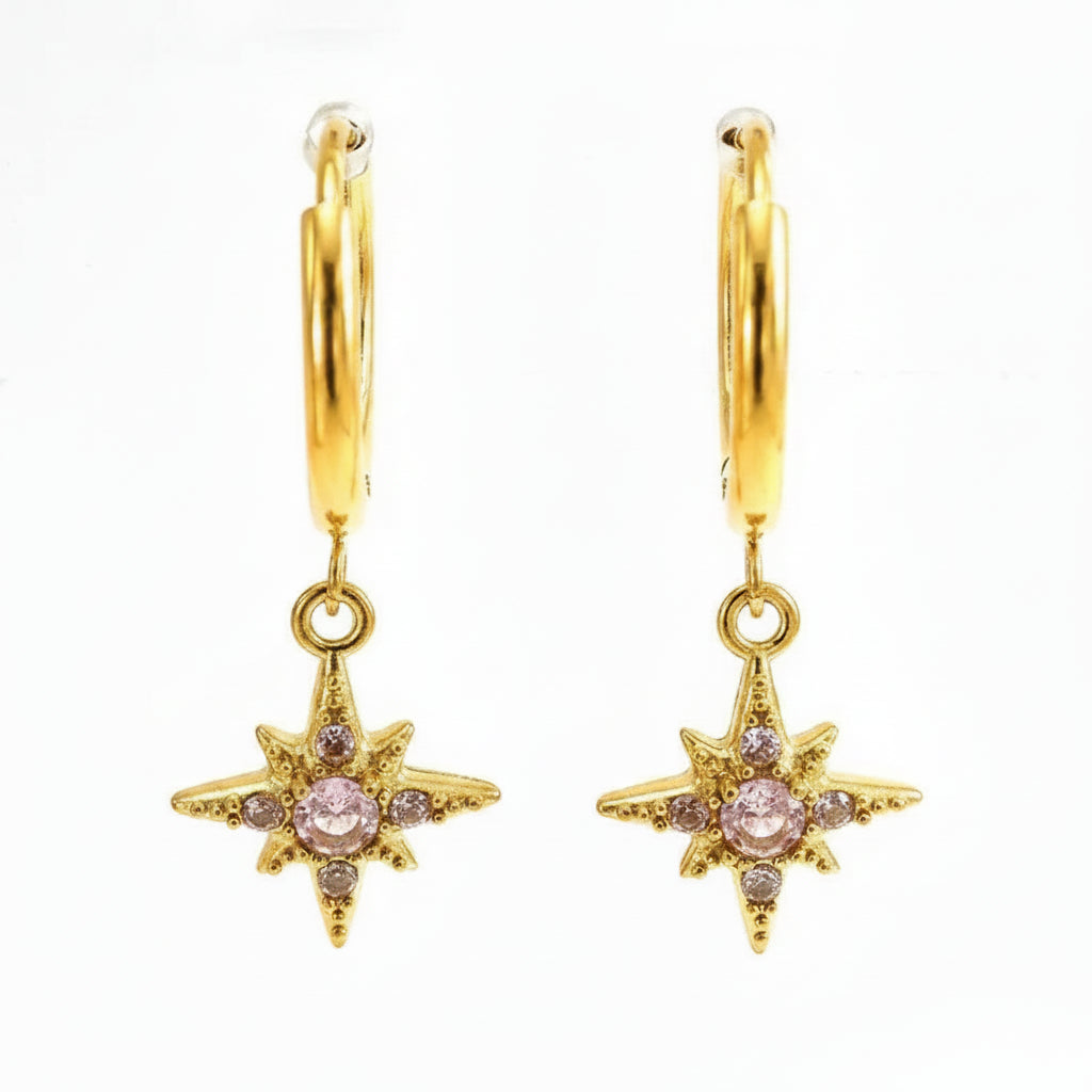 Gold star-shaped earrings with pink gemstones, labeled with material details and dimensions.