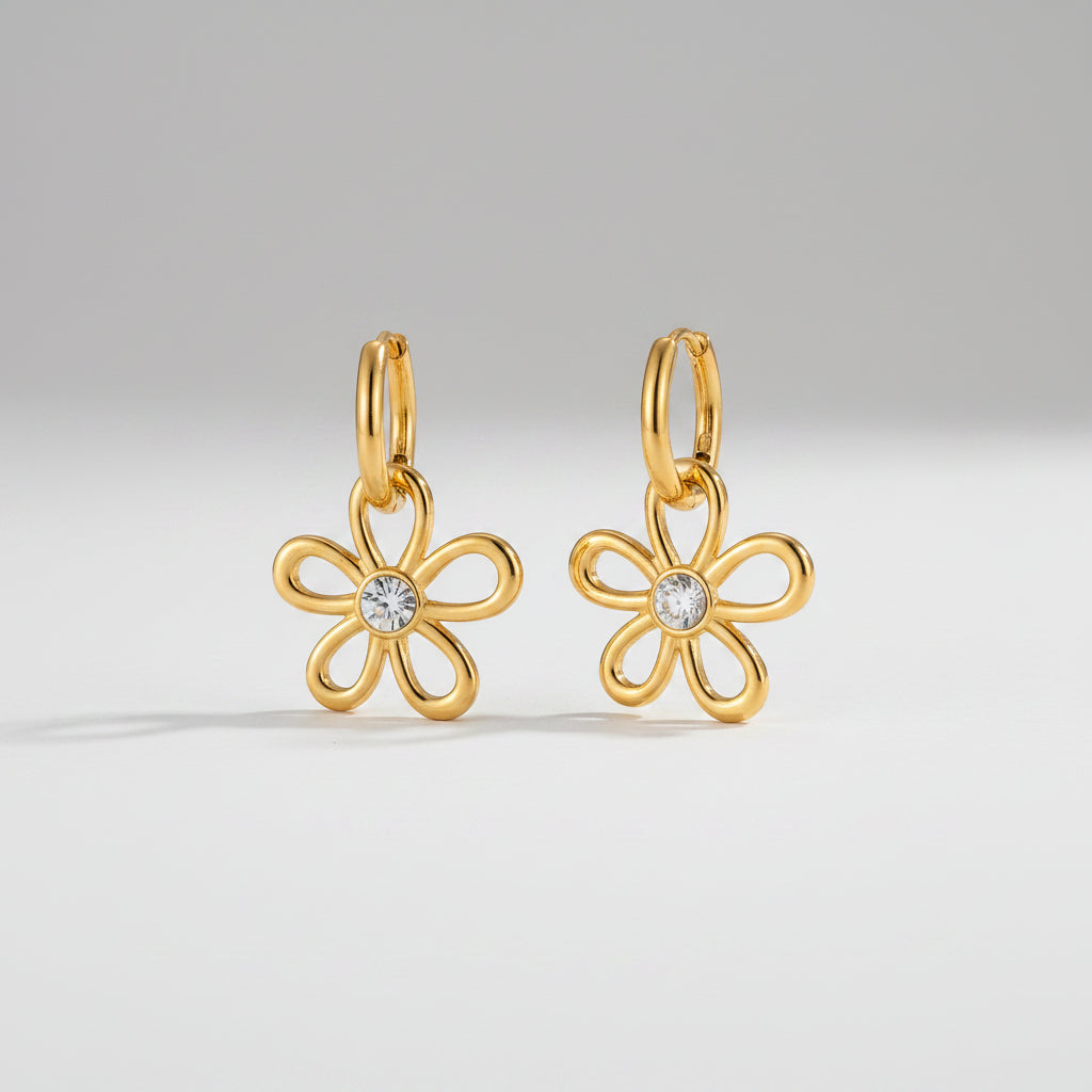 Gold flower-shaped earrings with measurements and weight on a white background