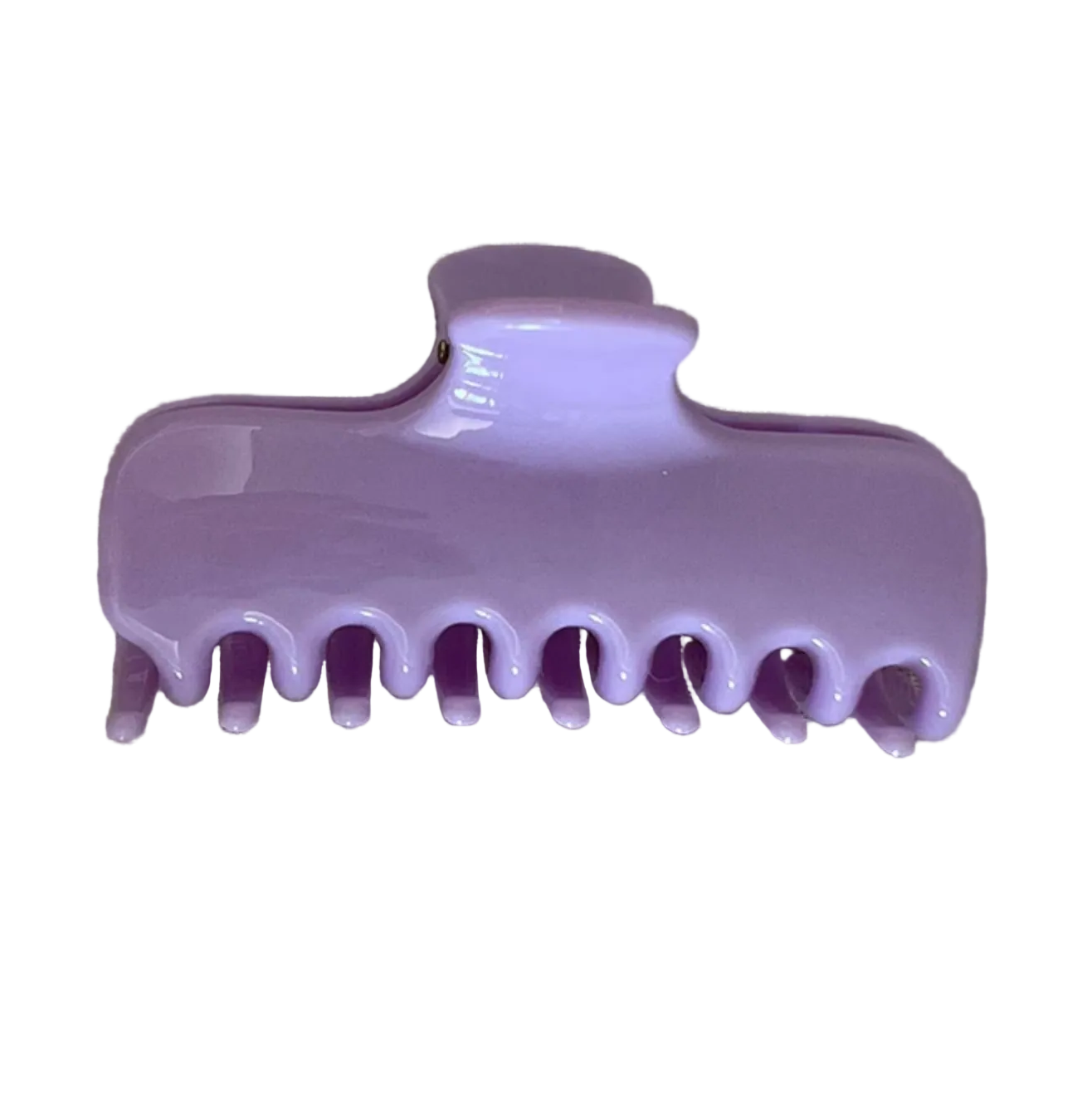 A lavender purple plastic claw hair clip resting on a textured beige linen fabric background.