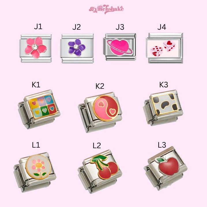 Collection of colorful charm connectors on a pink background with branding.