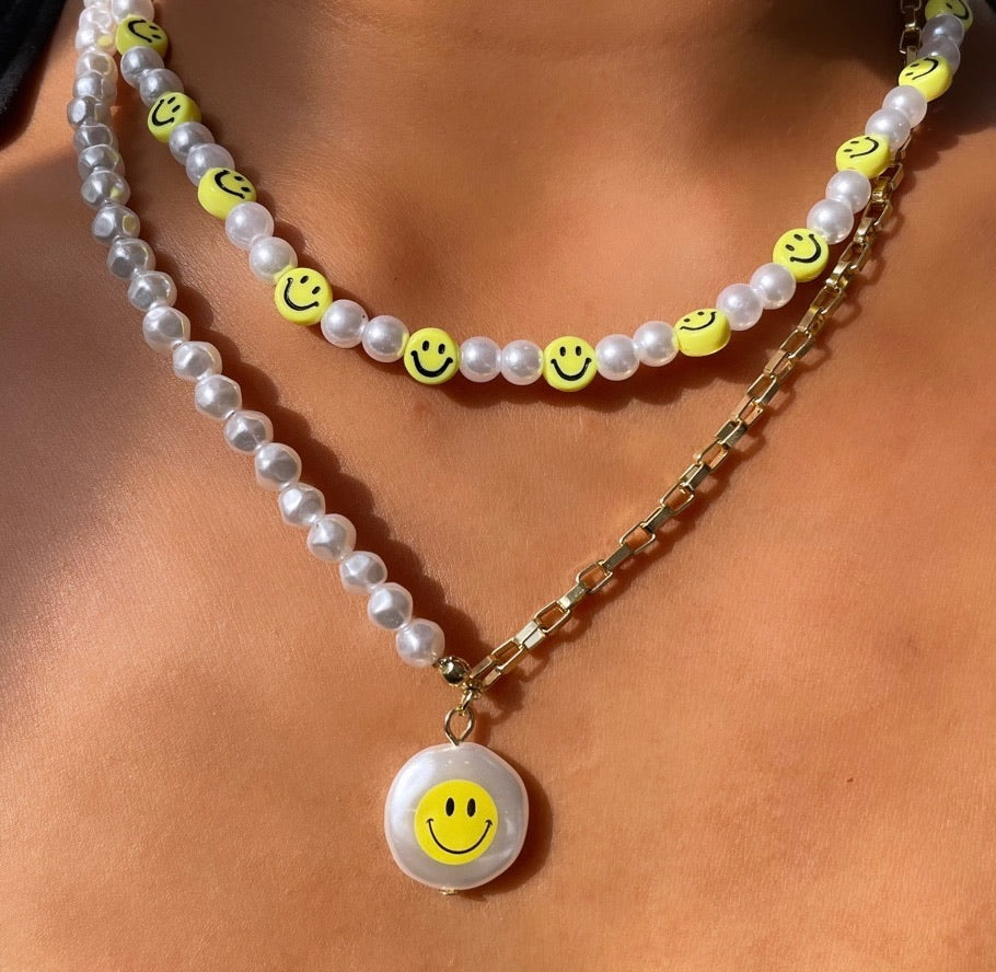 pearl necklace smiley face, smiley face necklace pearl, pearl and smiley face necklace