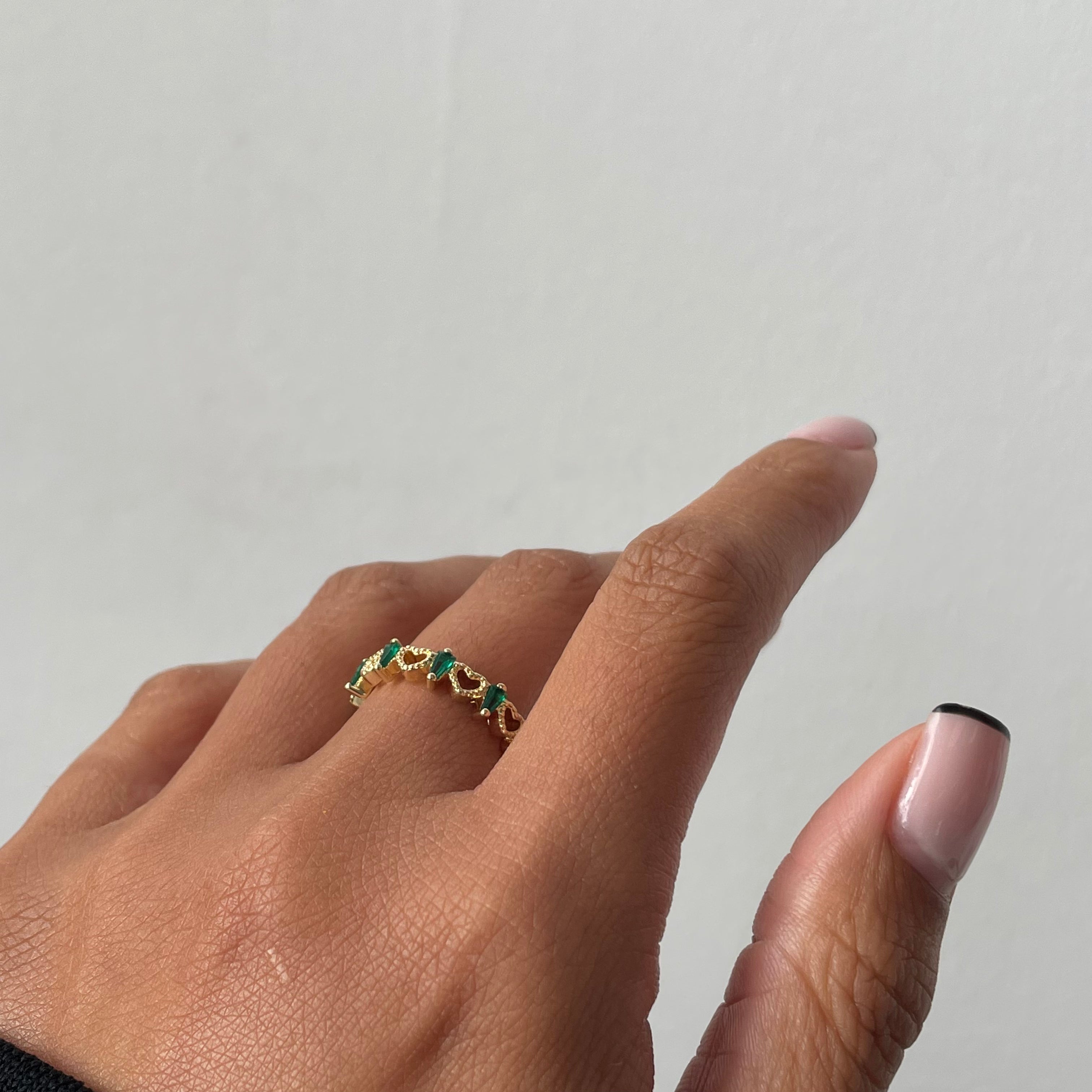emerald green heart baguette ring
